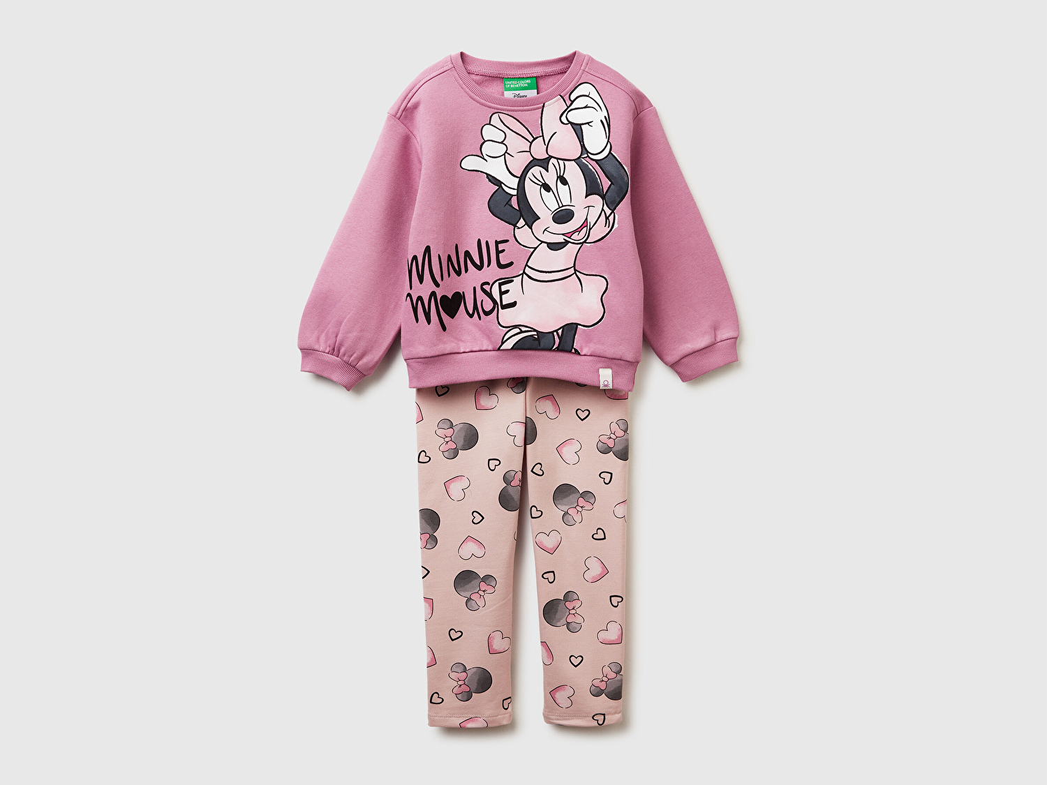 Benetton Kız Bebek Pembe Mix Önü Baskılı Sweatshirt ve Tamamı Desenli Pantolon Takım