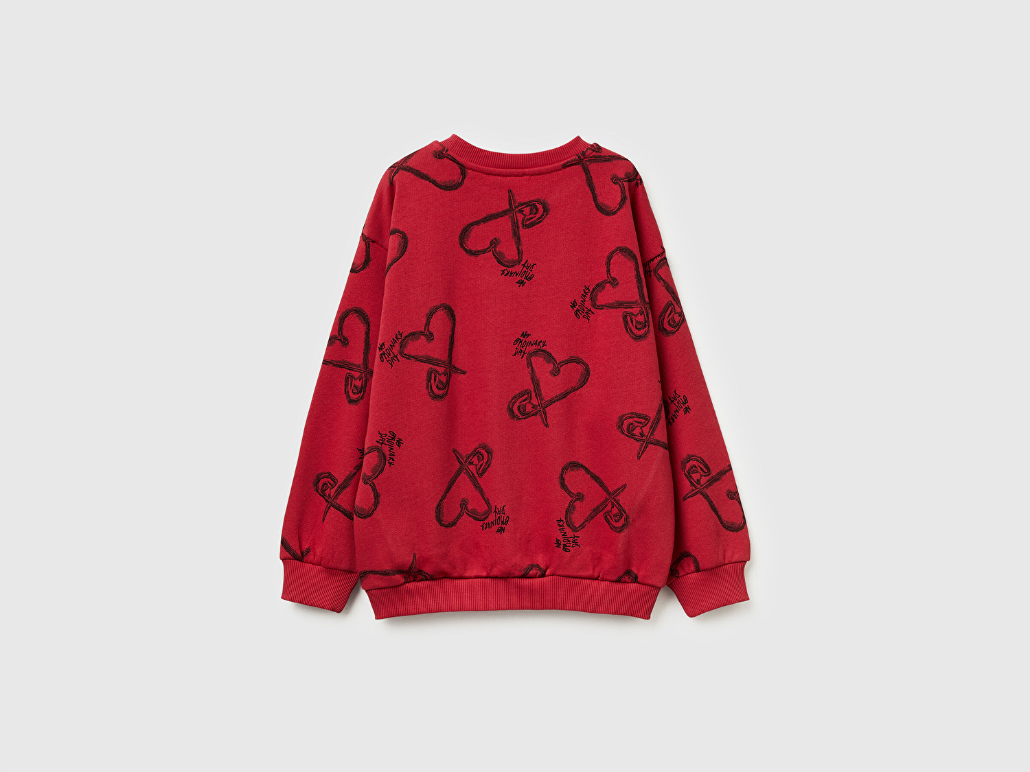 Benetton Kız Çocuk Kırmızı-Gri Tamamı Baskılı Logo Etiketi Detaylı Yırtmaçlı Sweatshirt