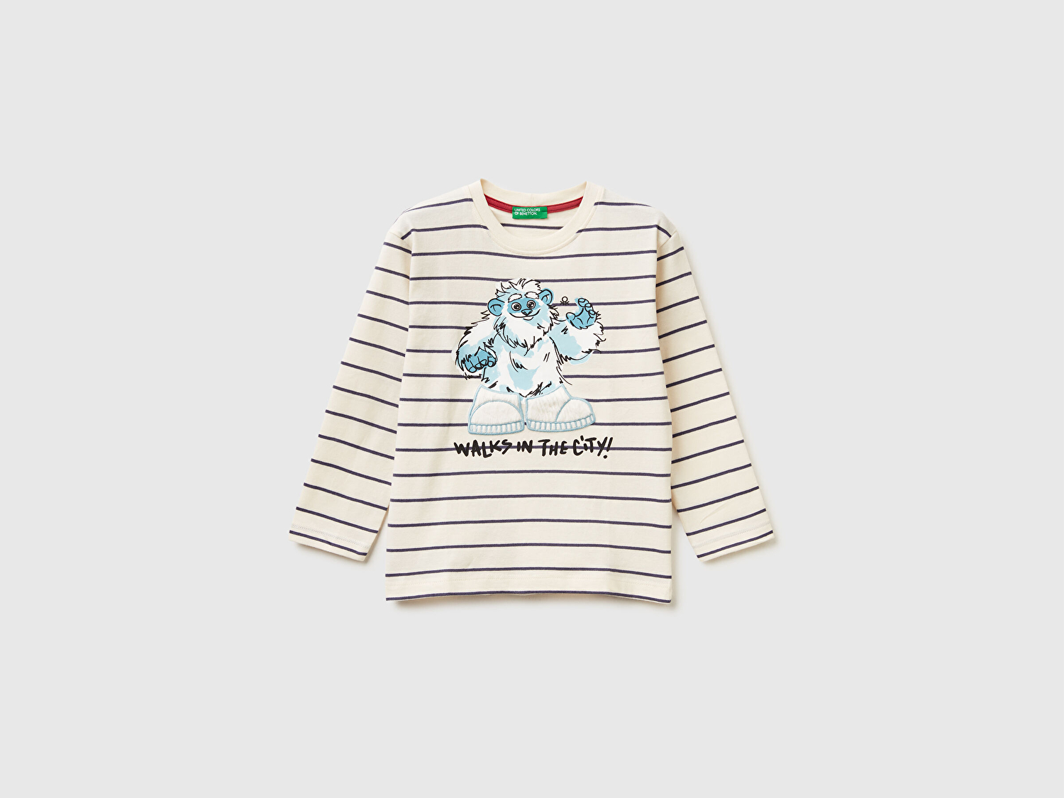 Benetton Erkek Bebek Bej Çizgili Önü Baskılı Jarse Uzun Kollu T-shirt