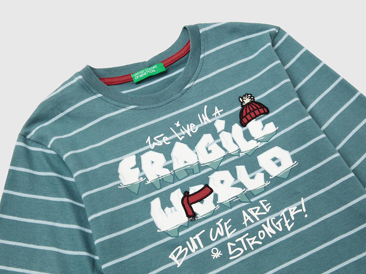 Benetton Erkek Bebek Gri Çizgili Önü Baskılı Jarse Uzun Kollu T-shirt