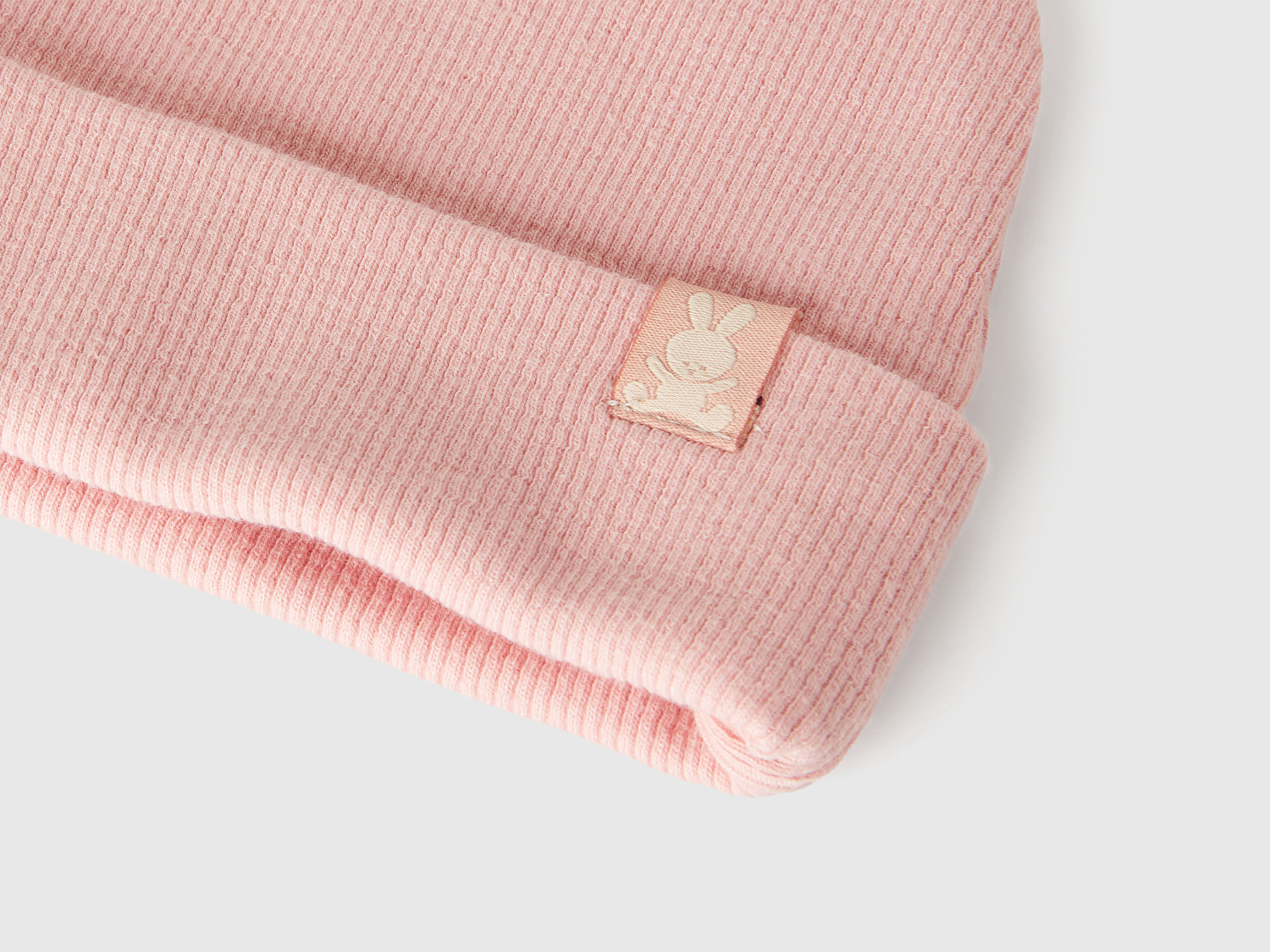 Benetton Bebek Toz Pembe Logo İşlemeli Etiketli Katlamalı Nervürlü Bere