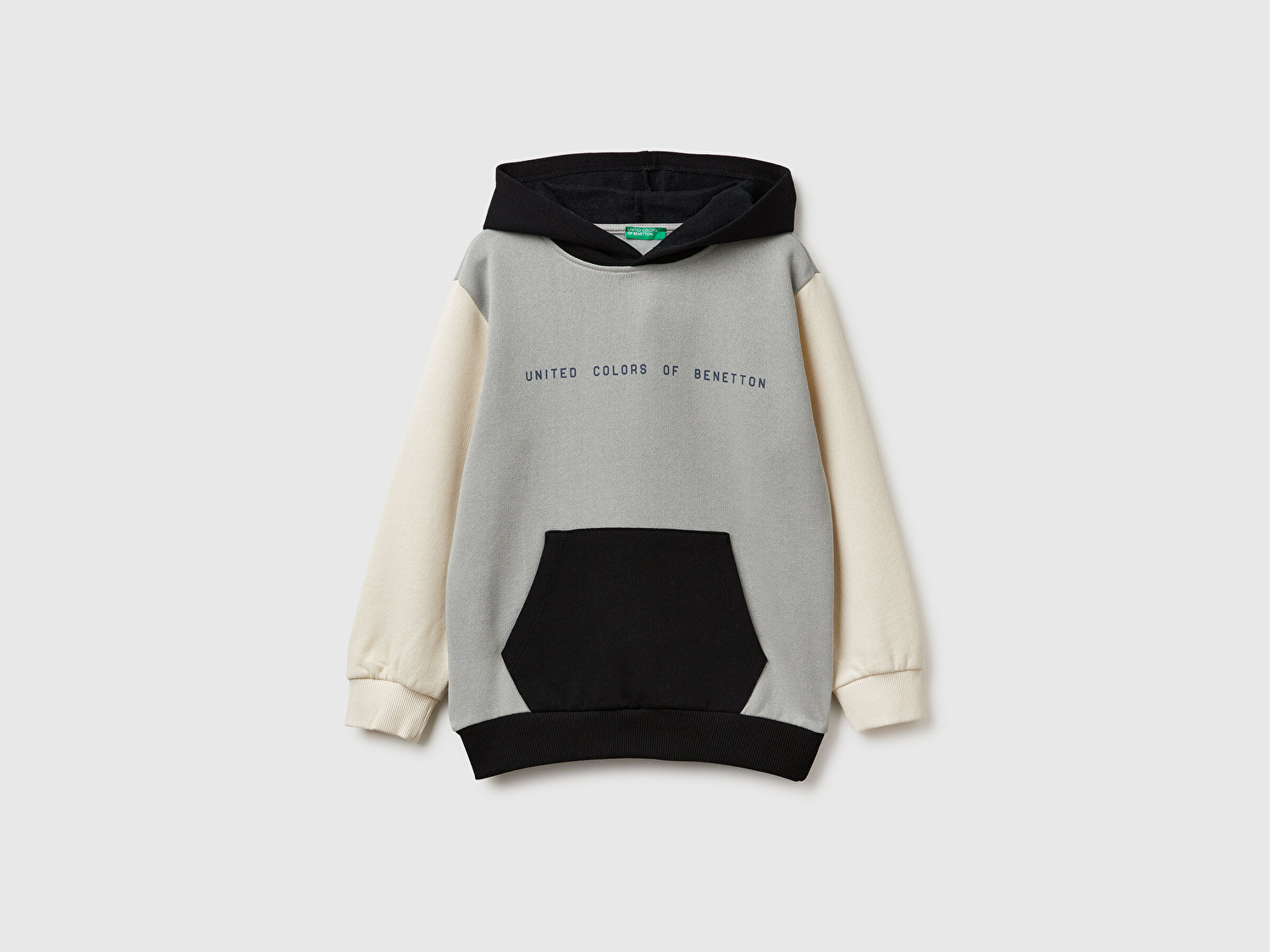 Benetton Erkek Çocuk Gri-Krem Önü Logo Baskılı Cepli Nervürlü Kapüşonlu Sweatshirt