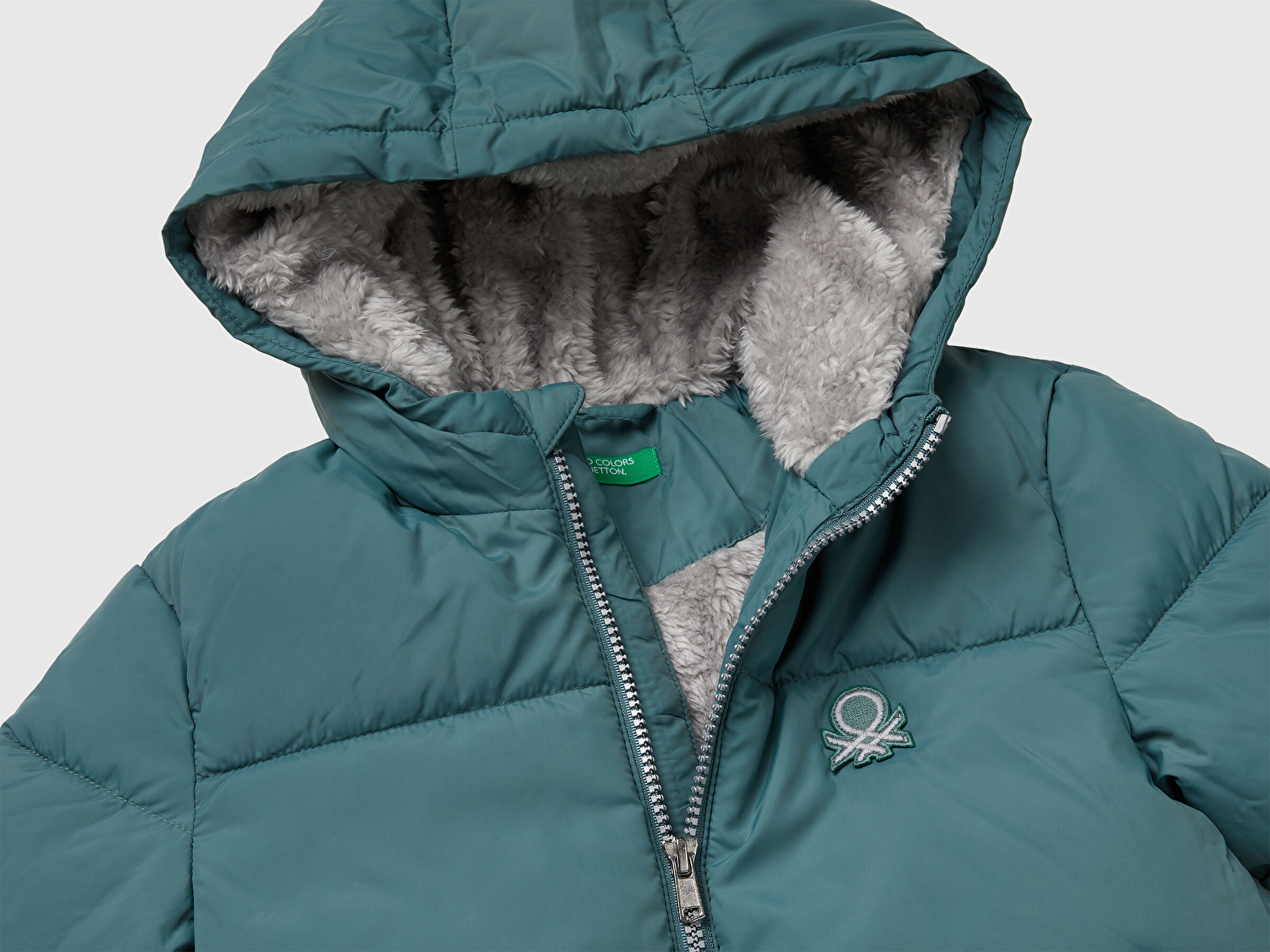 Benetton Erkek Bebek Gri-Yeşil Sol Göğsü Logo Yamalı Önü Cep Detaylı Fermuarlı Mont