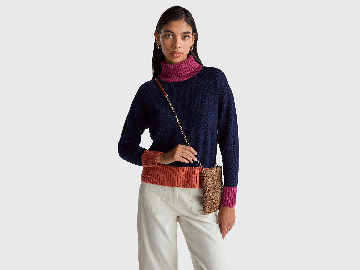 Benetton Kadın Lacivert Akrilik ve Yün Karışımlı Çok Renkli Balıkçı Yaka Kazak