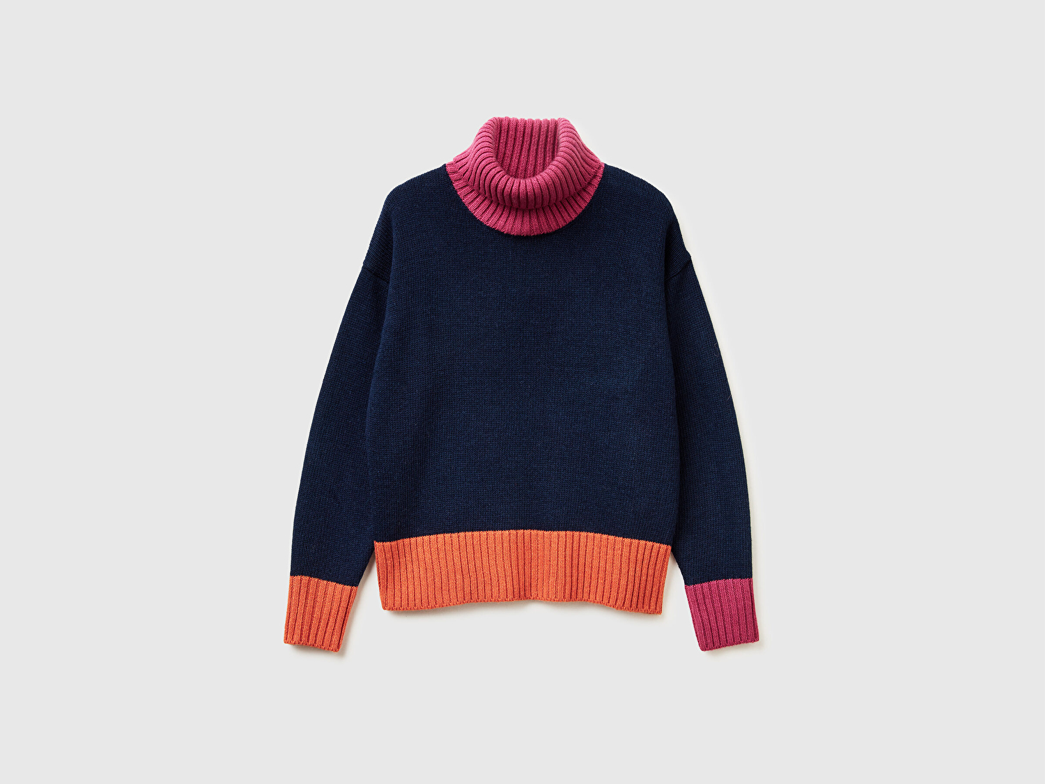 Benetton Kadın Lacivert Akrilik ve Yün Karışımlı Çok Renkli Balıkçı Yaka Kazak