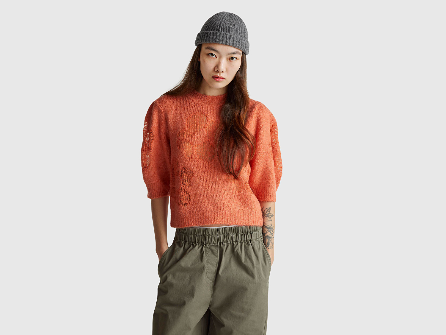 Benetton Kadın Turuncu Akrilik ve Yün Karışımlı Desenli Yarım Kol Kazak