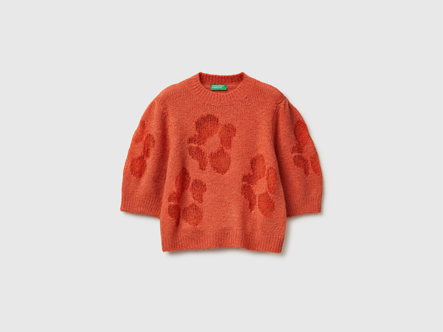 Benetton Kadın Turuncu Akrilik ve Yün Karışımlı Desenli Yarım Kol Kazak