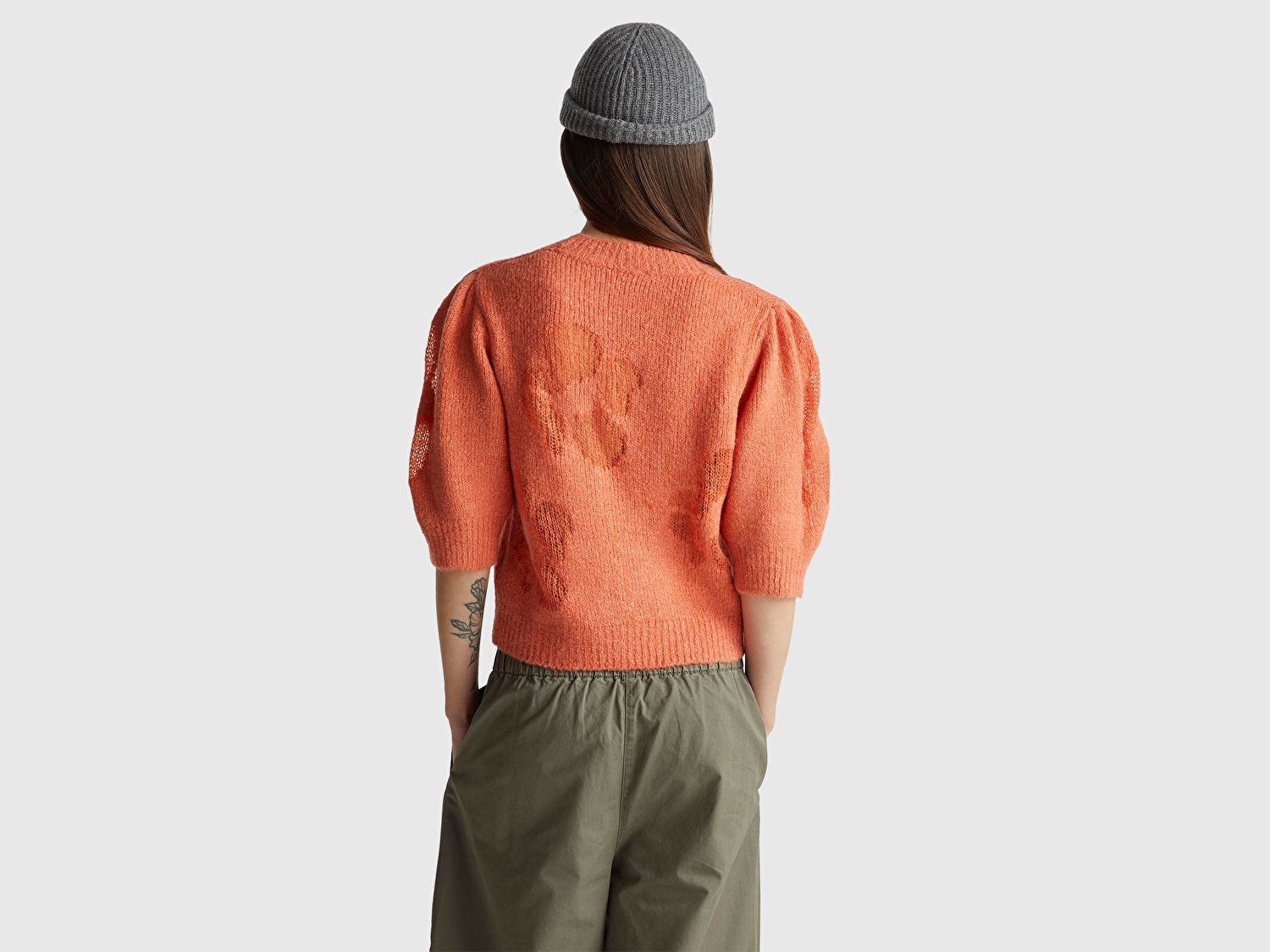 Benetton Kadın Turuncu Akrilik ve Yün Karışımlı Desenli Yarım Kol Kazak