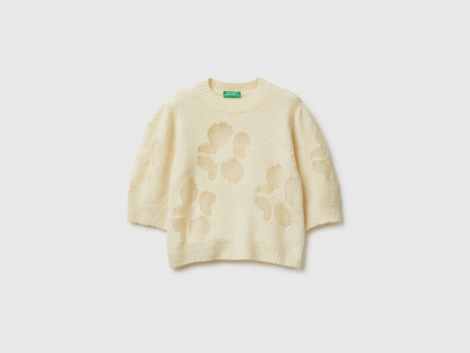 Benetton Kadın Krem Akrilik ve Yün Karışımlı Desenli Yarım Kol Kazak