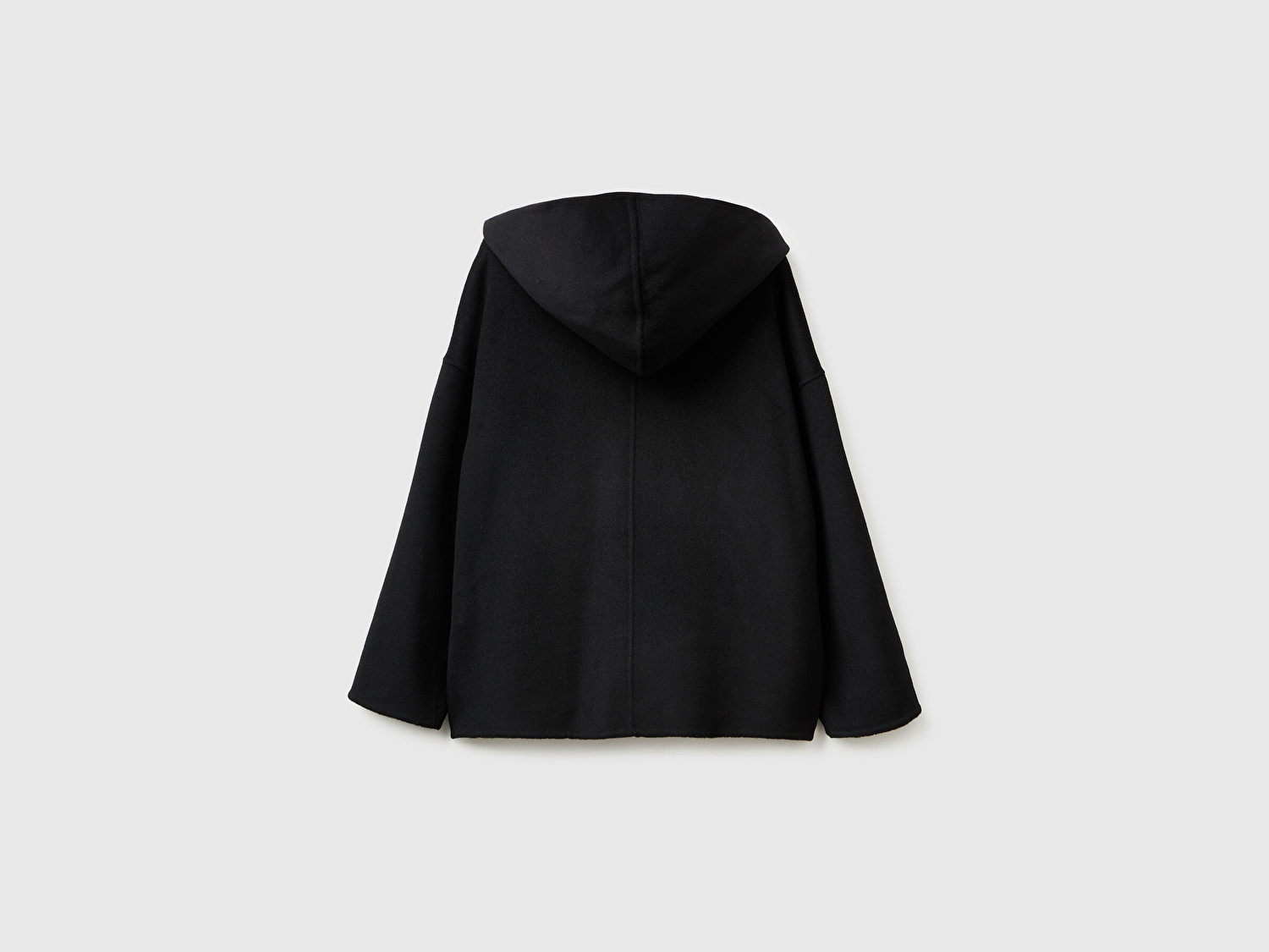 Benetton Kadın Siyah Yün ve Viskoz Karışımlı Çift Taraflı Cepli Kapüşonlu Palto 