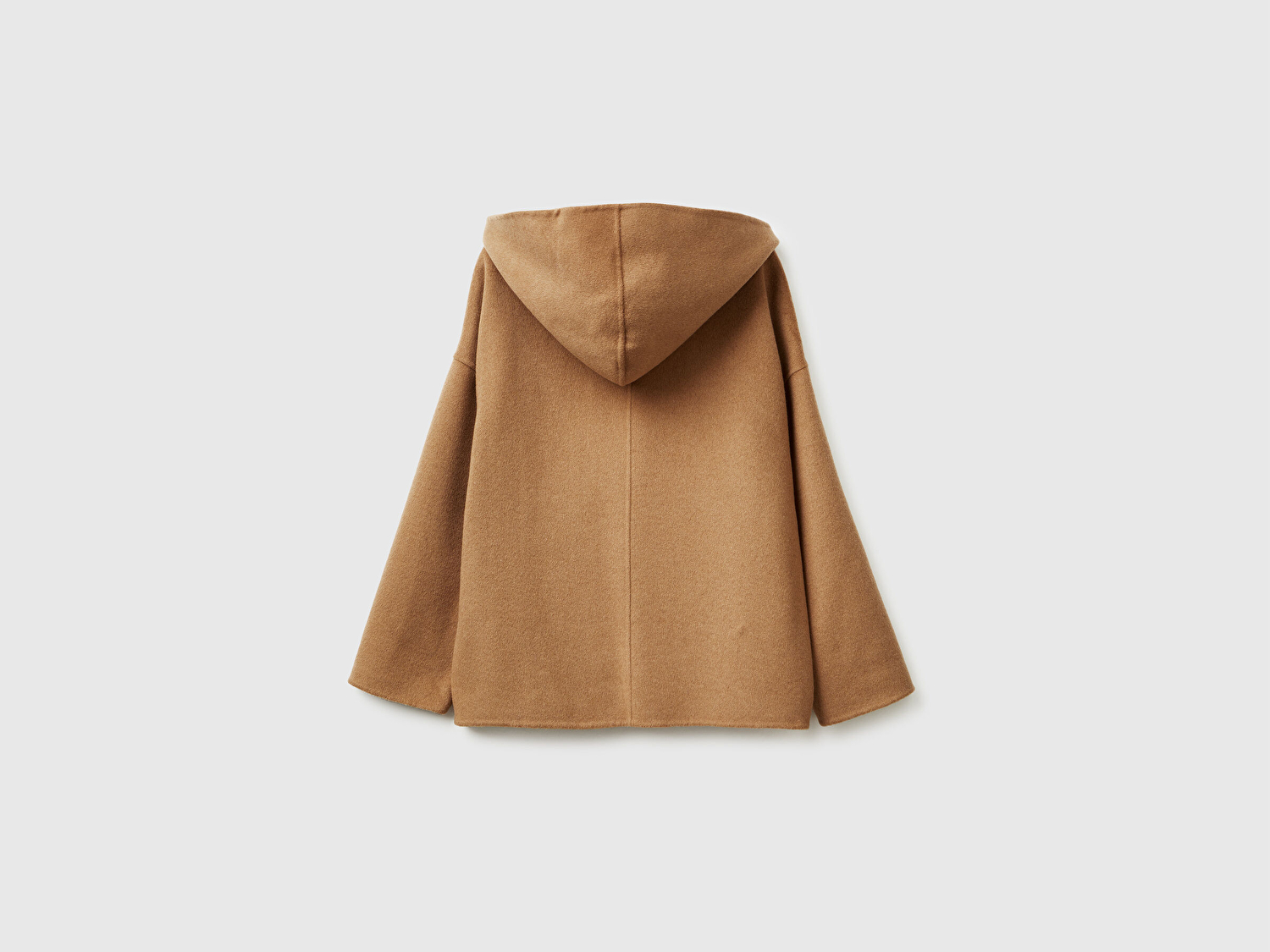 Benetton Kadın Açık Kahverengi Yün ve Viskoz Karışımlı Çift Taraflı Cepli Kapüşonlu Palto 