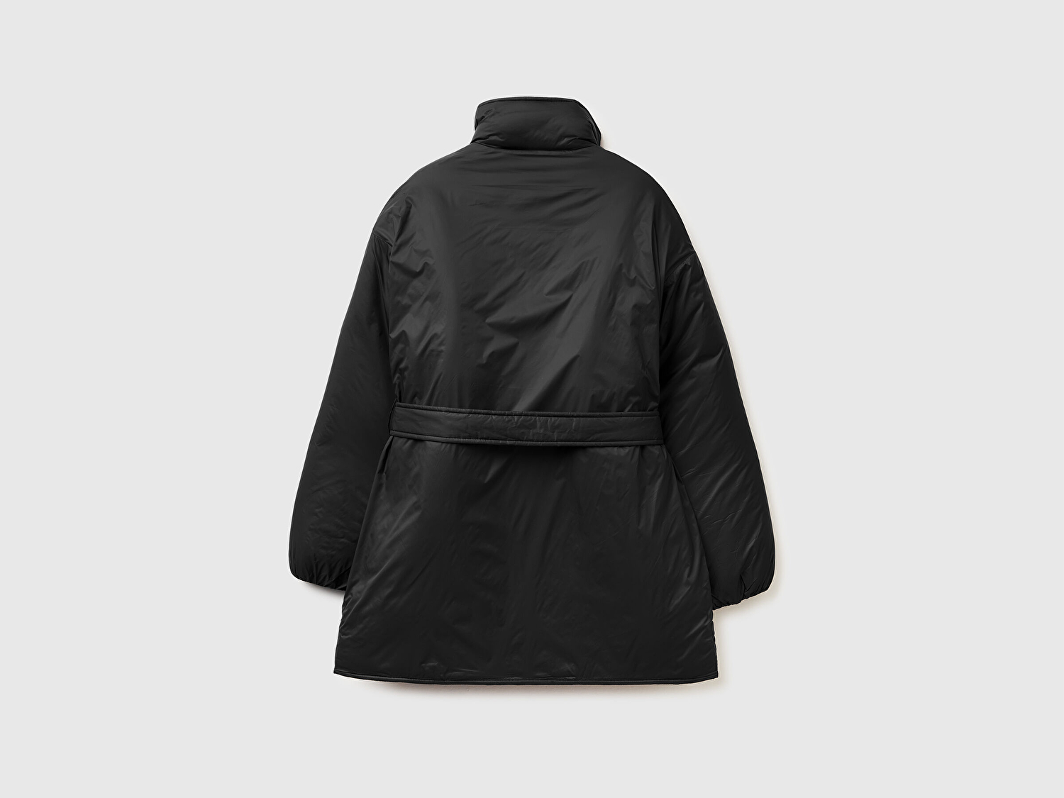 Benetton Kadın Siyah Beli Bağlamalı Cepli Dik Yaka Mont