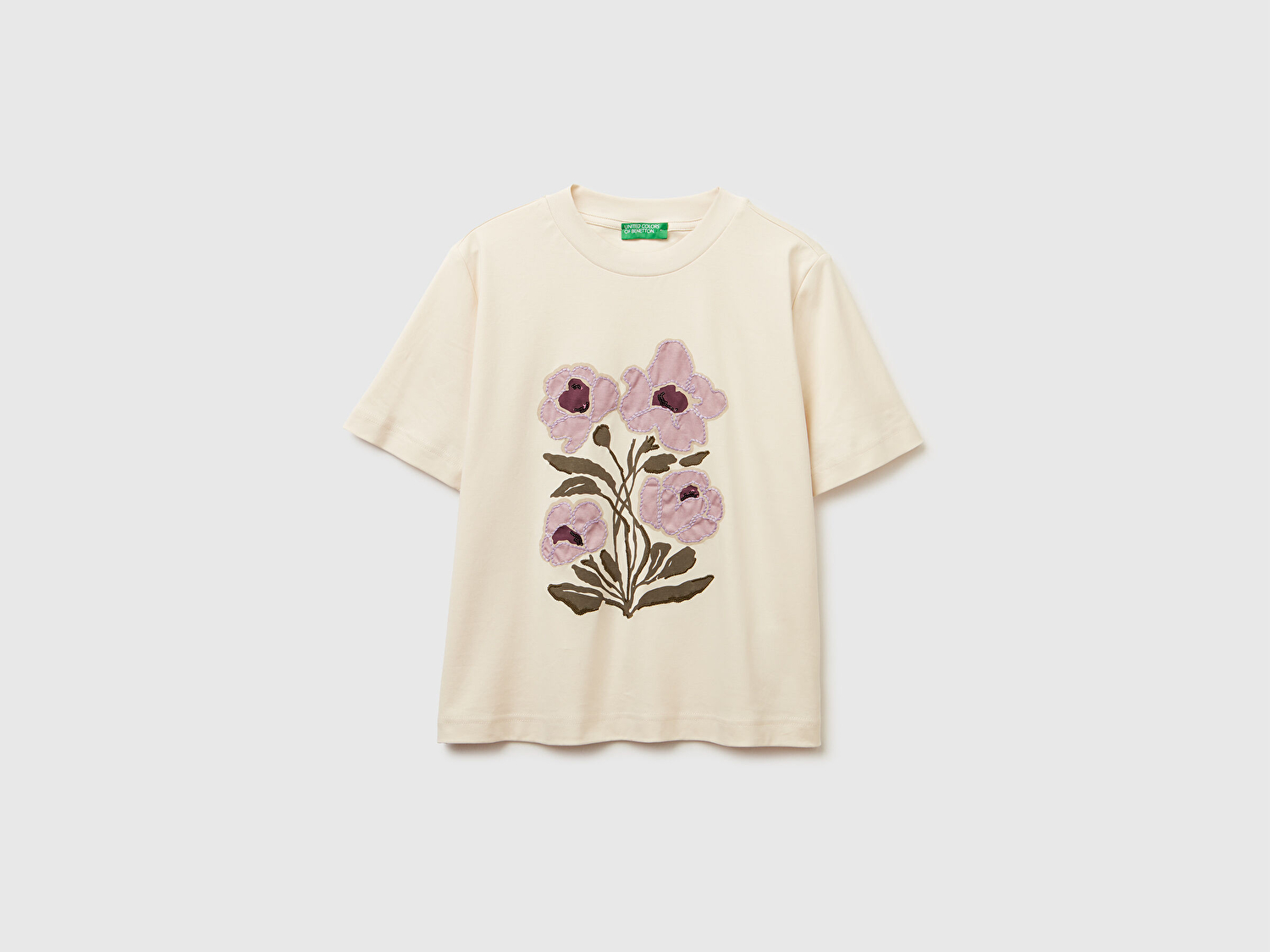 Benetton Kadın Krem %100 Pamuk Önü Çiçek İşlemeli Bisiklet Yaka T-Shirt