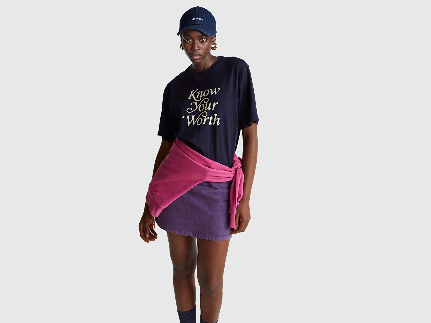 Benetton Kadın Lacivert %100 Pamuk Önü Yazı Baskılı Bisiklet Yaka T-Shirt