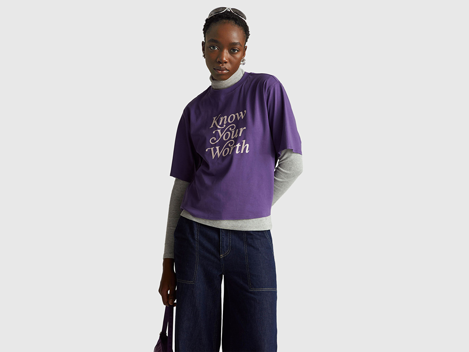 Benetton Kadın Mor %100 Pamuk Önü Yazı Baskılı Bisiklet Yaka T-Shirt