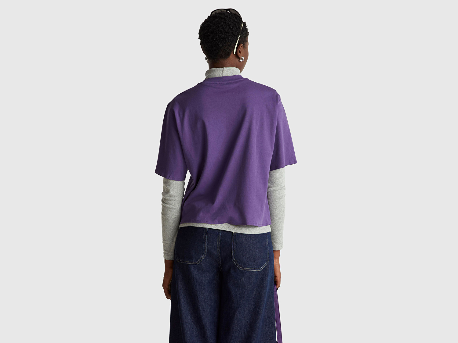 Benetton Kadın Mor %100 Pamuk Önü Yazı Baskılı Bisiklet Yaka T-Shirt