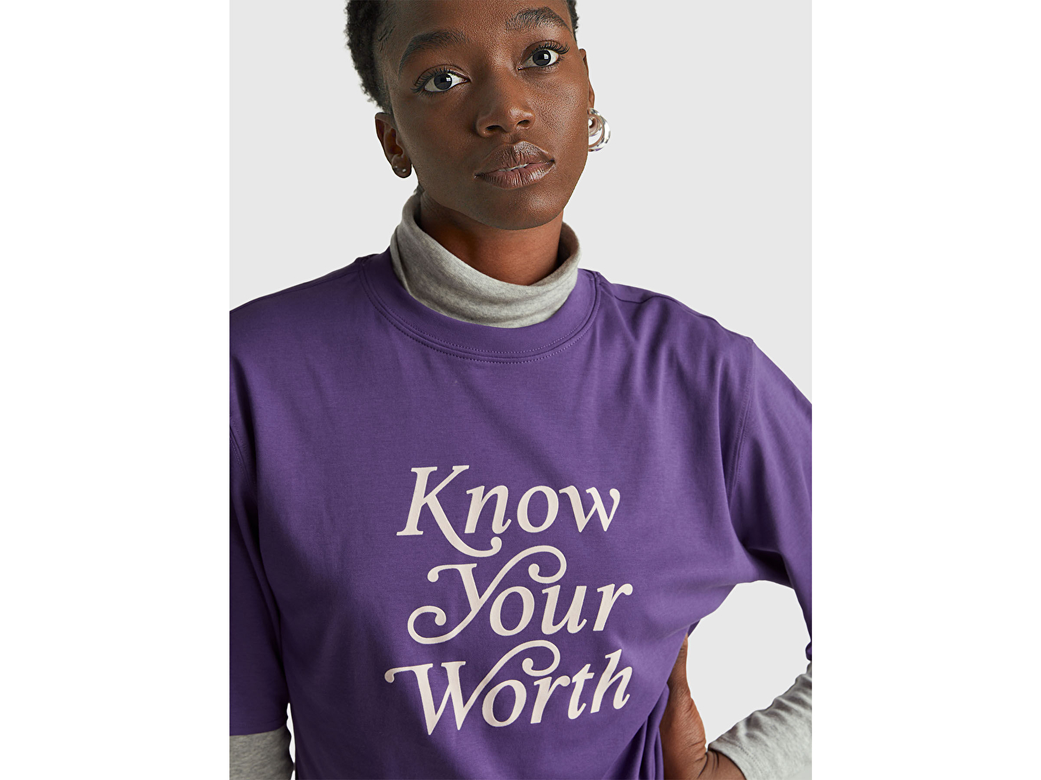 Benetton Kadın Mor %100 Pamuk Önü Yazı Baskılı Bisiklet Yaka T-Shirt