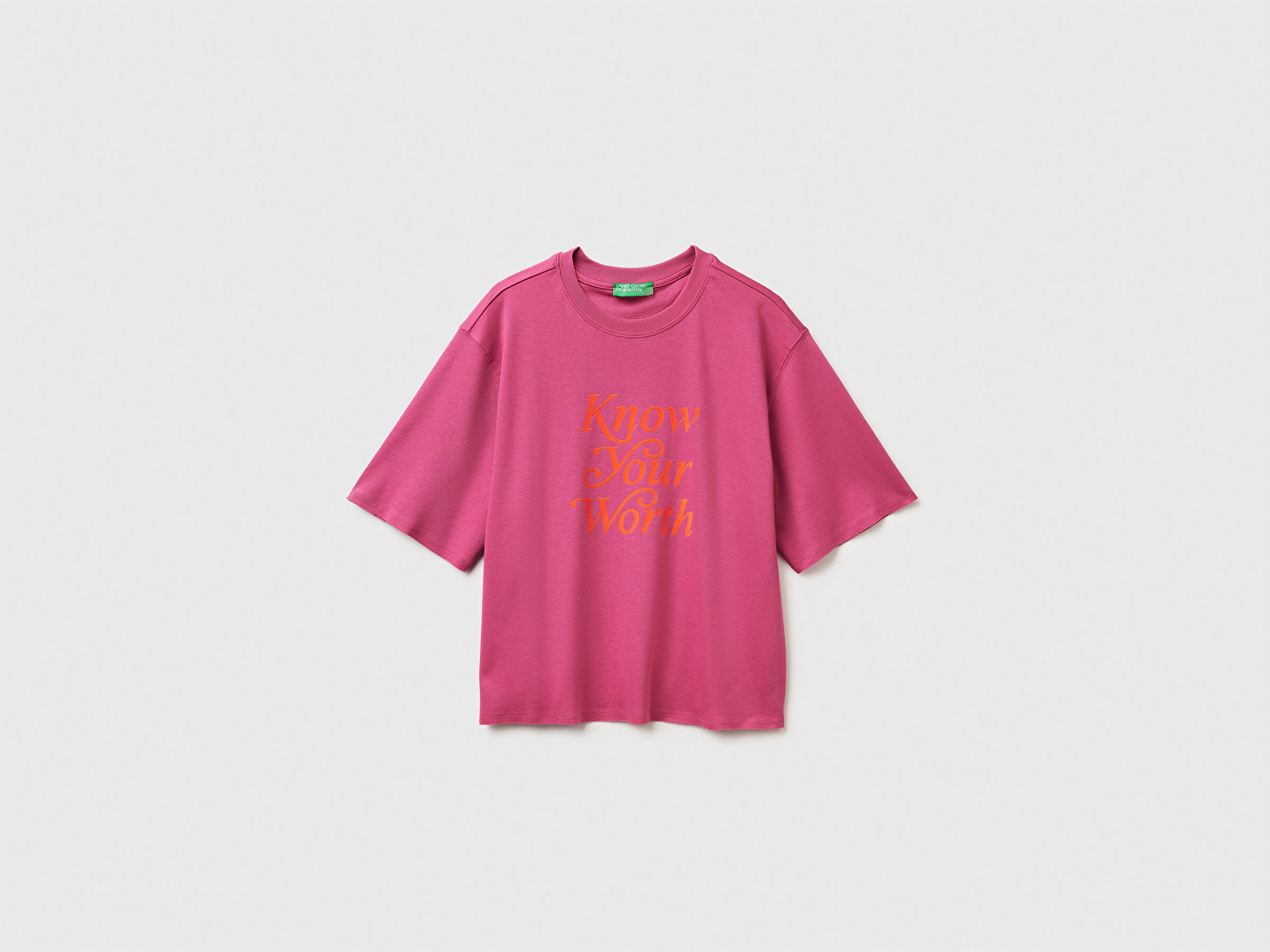Benetton Kadın Koyu Pembe %100 Pamuk Önü Yazı Baskılı Bisiklet Yaka T-Shirt