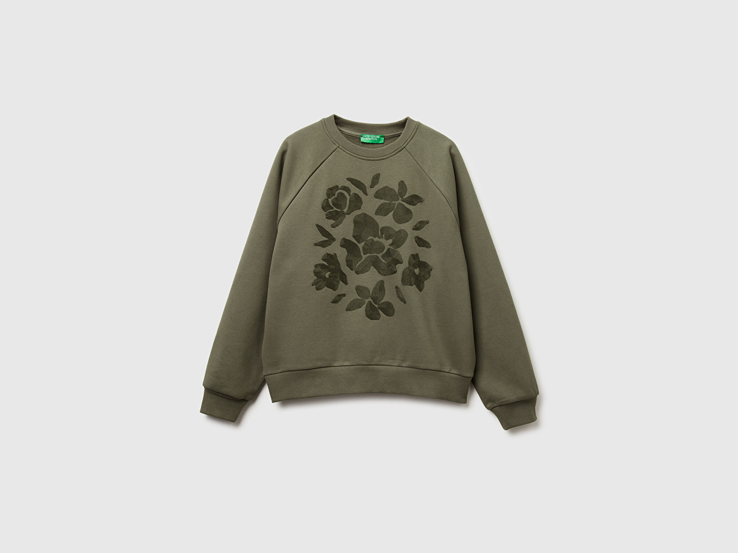 Benetton Kadın Haki Pamuk Karışımlı Önü Çiçek Desenli Bisiklet Yaka Sweatshirt