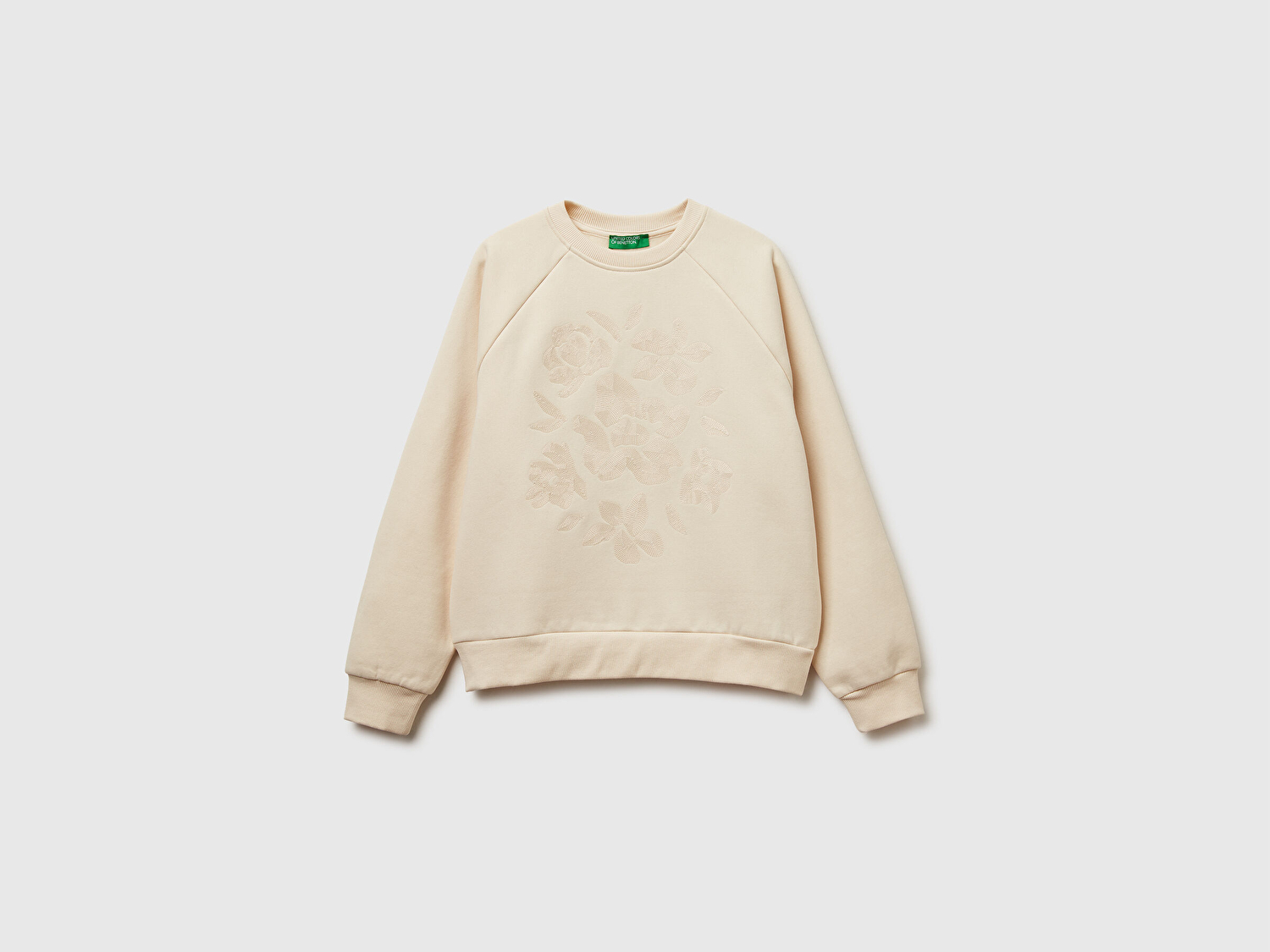 Benetton Kadın Krem Pamuk Karışımlı Önü Çiçek Desenli Bisiklet Yaka Sweatshirt
