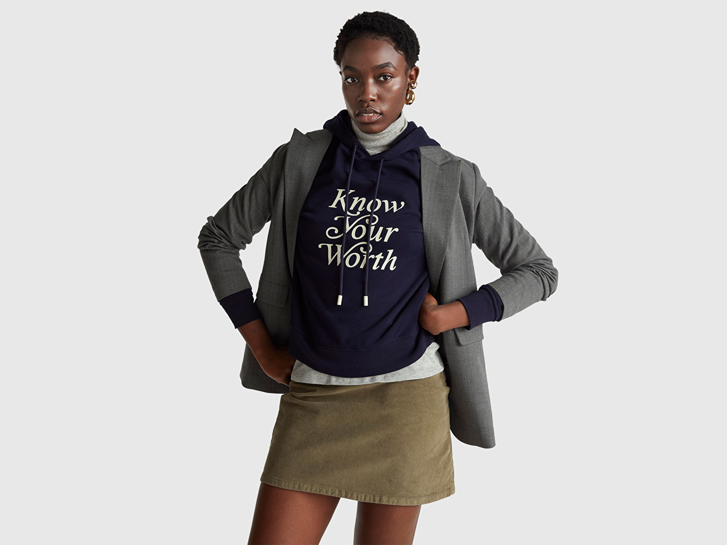 Benetton Kadın Lacivert Pamuk Karışımlı Önü Yazı Baskılı Kapüşonlu Sweatshirt