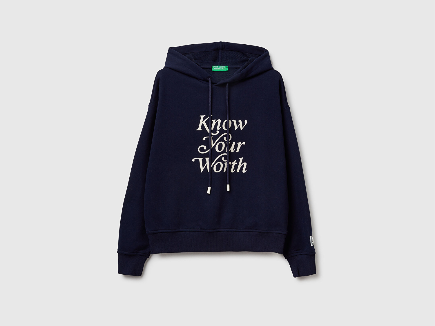 Benetton Kadın Lacivert Pamuk Karışımlı Önü Yazı Baskılı Kapüşonlu Sweatshirt
