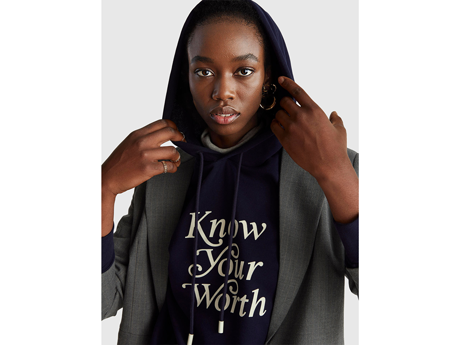 Benetton Kadın Lacivert Pamuk Karışımlı Önü Yazı Baskılı Kapüşonlu Sweatshirt