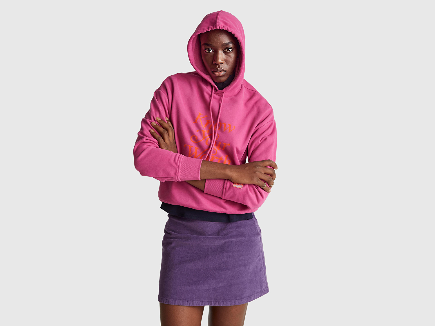 Benetton Kadın Koyu Pembe Pamuk Karışımlı Önü Yazı Baskılı Kapüşonlu Sweatshirt