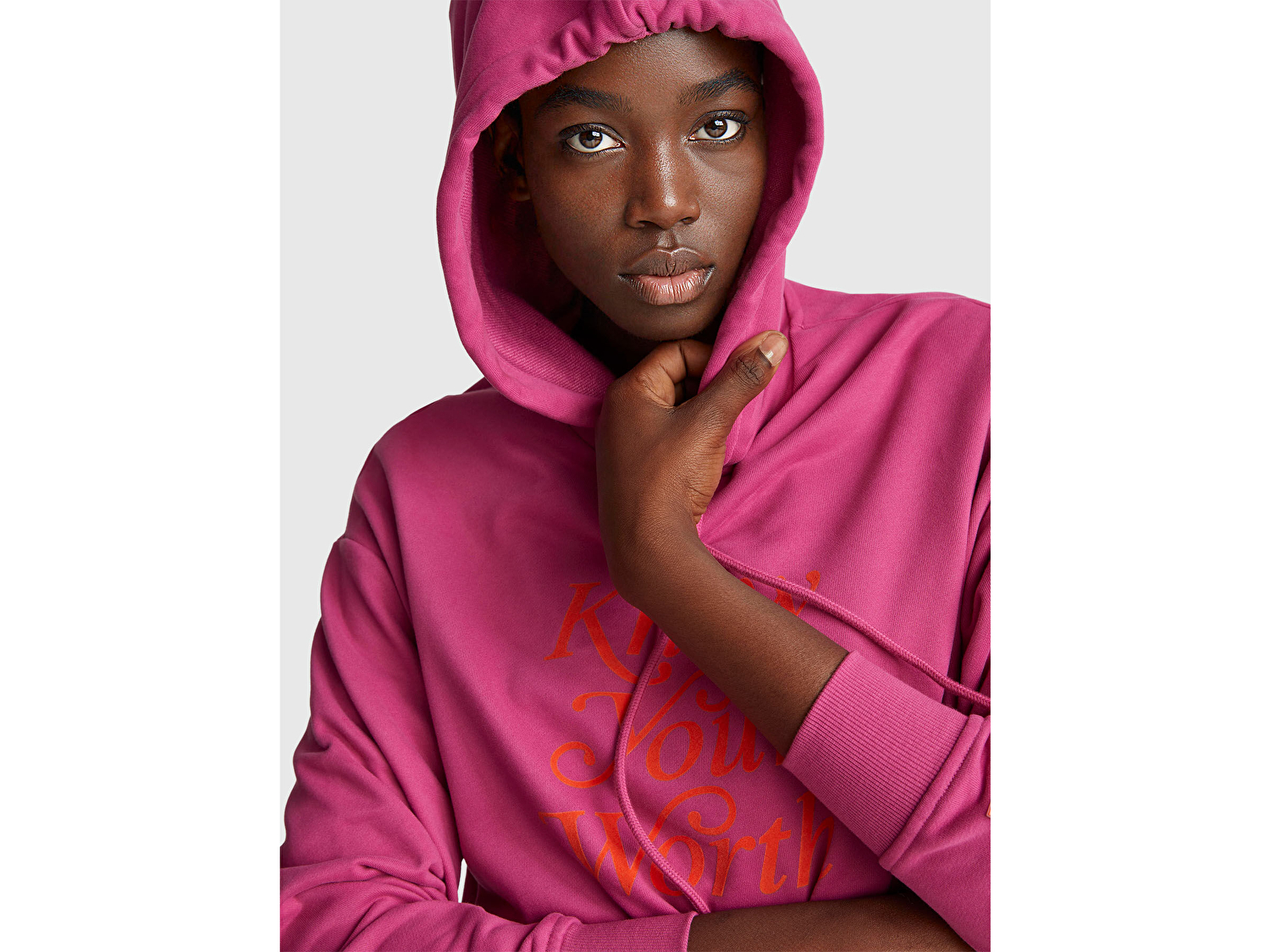 Benetton Kadın Koyu Pembe Pamuk Karışımlı Önü Yazı Baskılı Kapüşonlu Sweatshirt