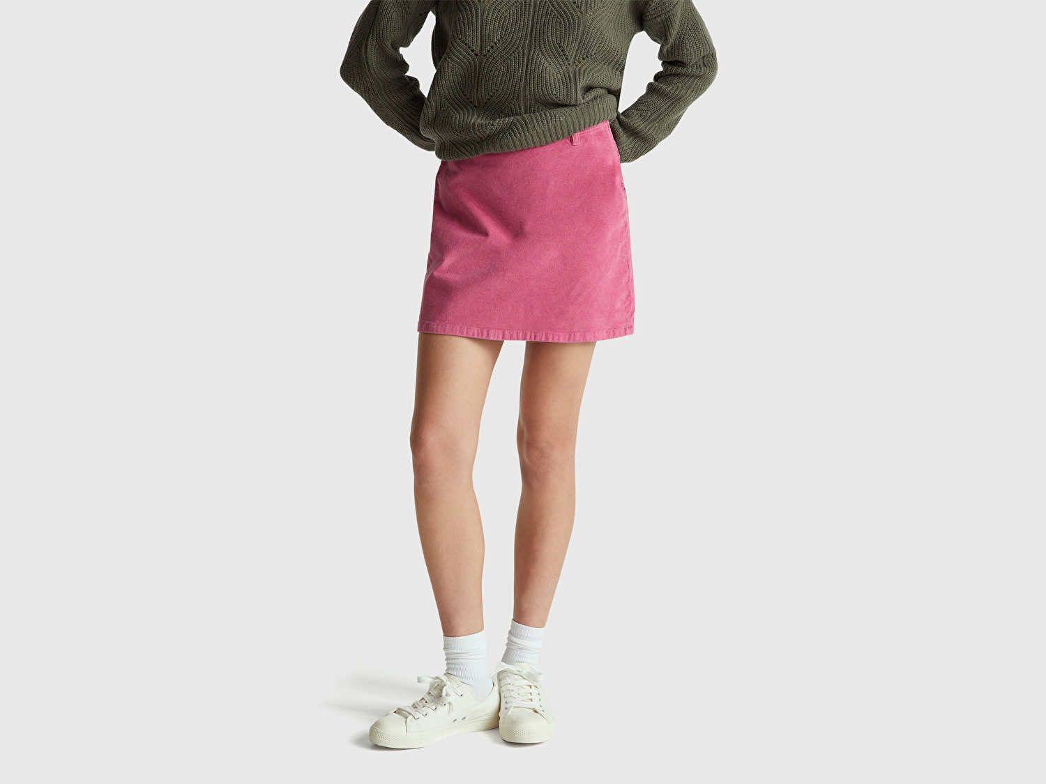 Benetton Kadın Koyu Pembe Pamuk Karışımlı Yandan Fermuarlı Kadife Mini Etek