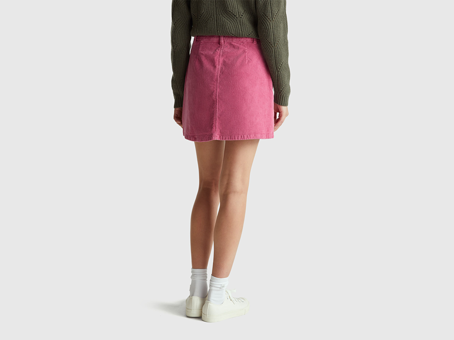 Benetton Kadın Koyu Pembe Pamuk Karışımlı Yandan Fermuarlı Kadife Mini Etek