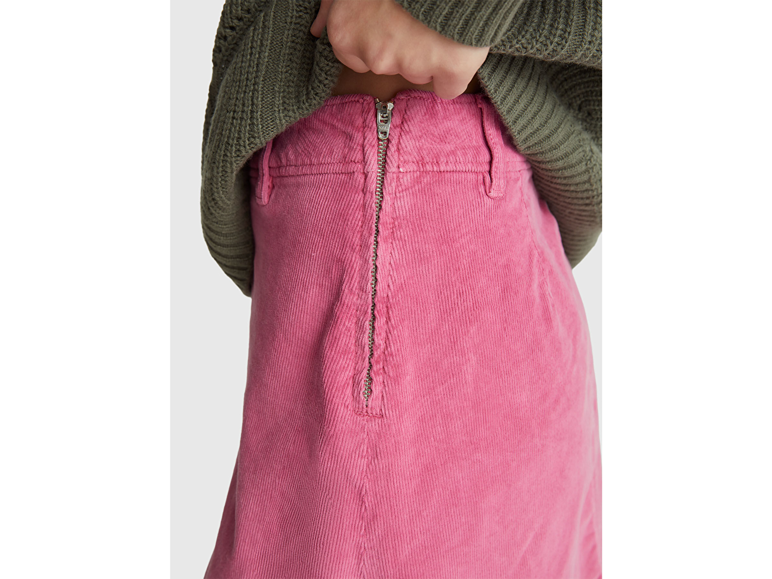 Benetton Kadın Koyu Pembe Pamuk Karışımlı Yandan Fermuarlı Kadife Mini Etek