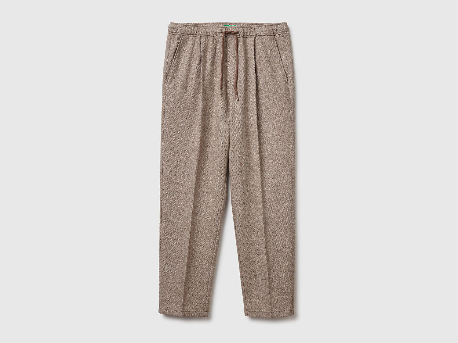 Benetton Erkek Kahverengi Yün ve Akrilik Karışımlı Beli Lastikli Bağcıklı Pantolon