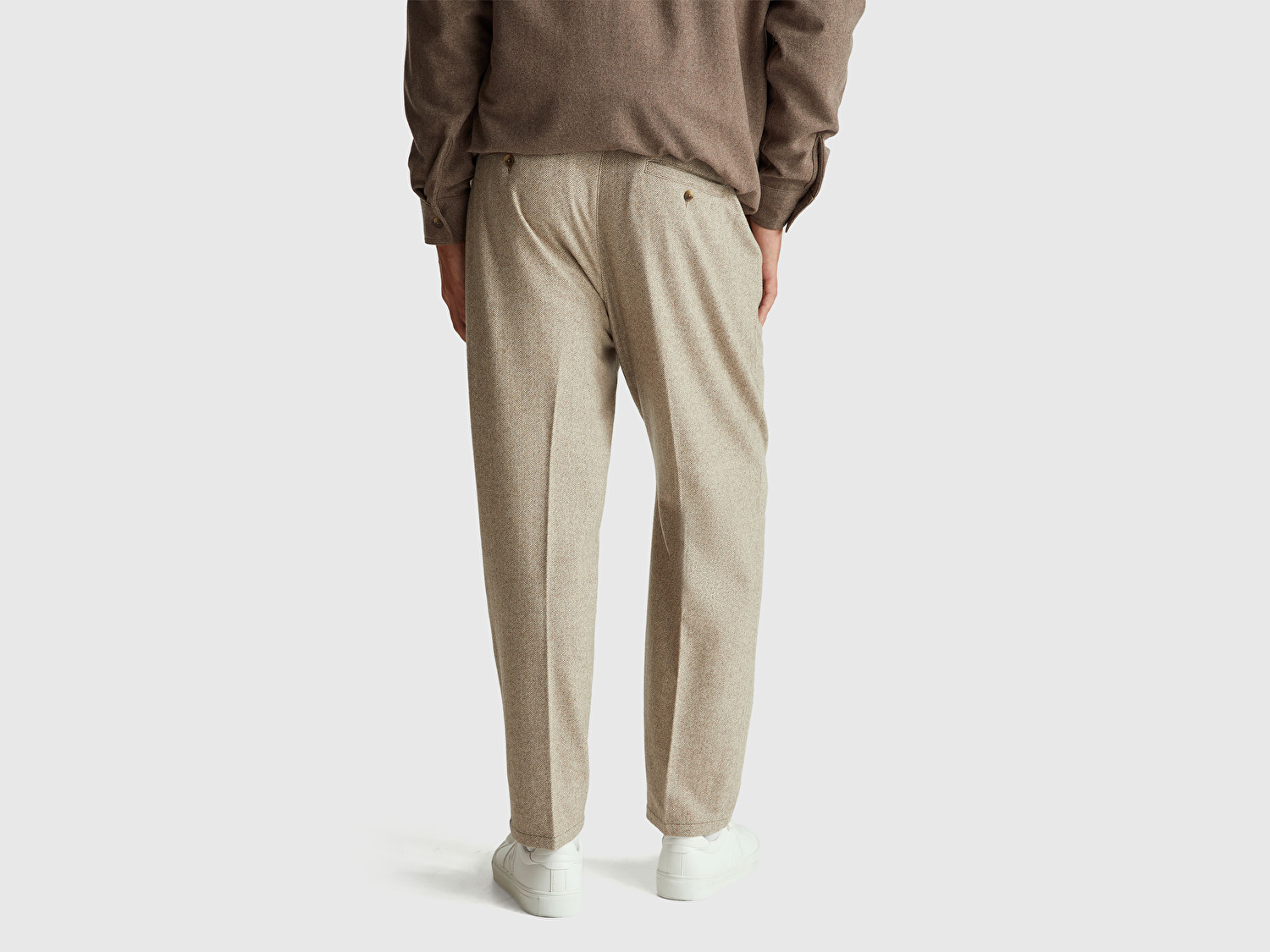 Benetton Erkek Kahverengi Yün ve Akrilik Karışımlı Beli Lastikli Bağcıklı Pantolon