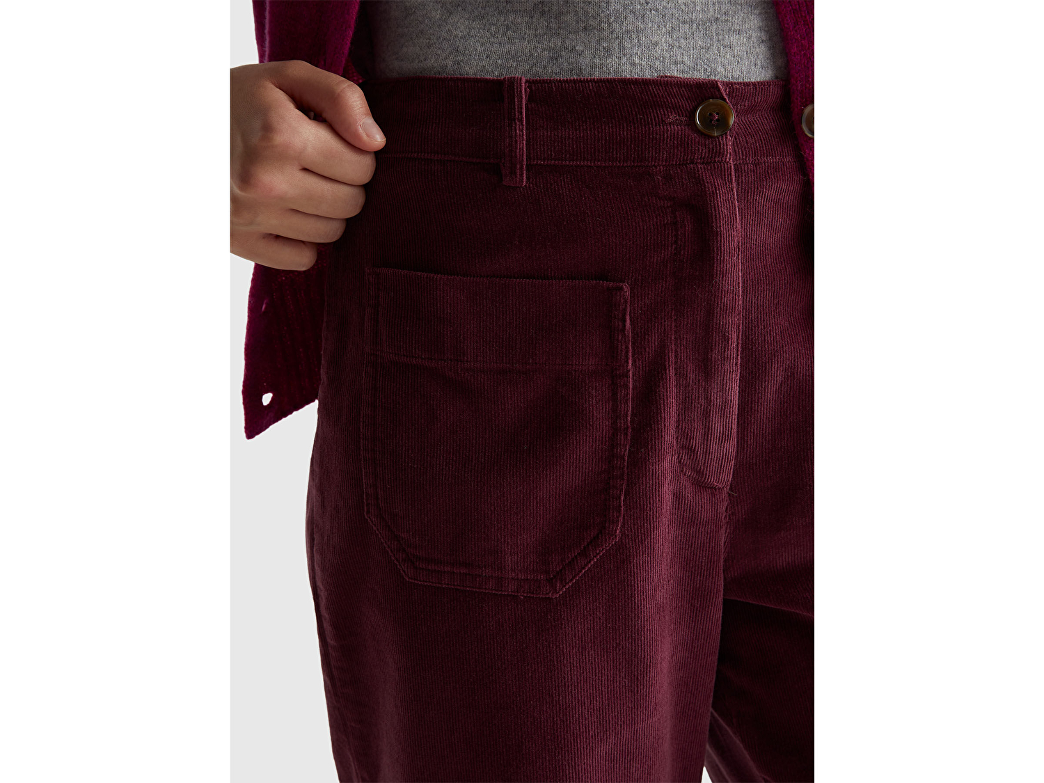 Benetton Kadın Mürdüm %100 Pamuk Önü Yama Cepli Düz Paça Pantolon