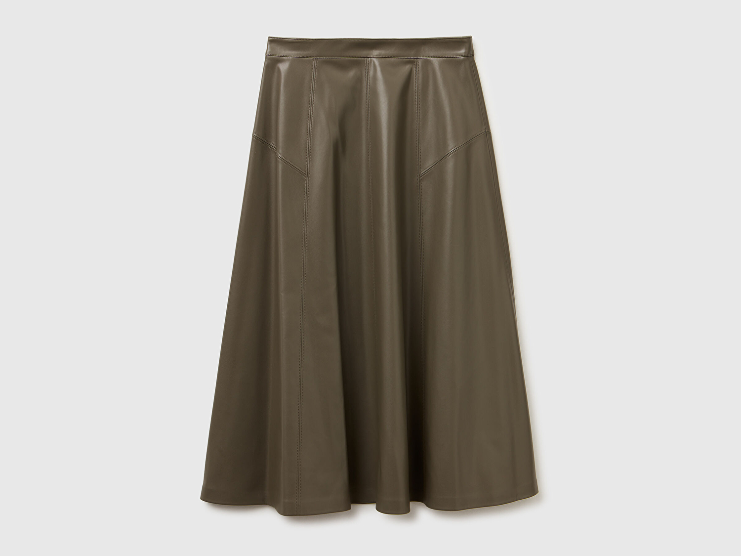 Benetton Kadın Haki Yırtmaçlı Görünmez Fermuarlı Uzun Kloş Etek