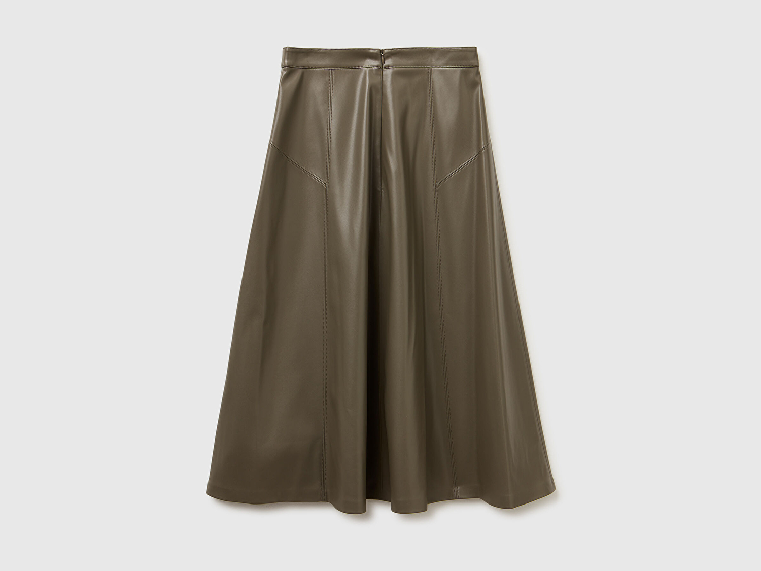 Benetton Kadın Haki Yırtmaçlı Görünmez Fermuarlı Uzun Kloş Etek