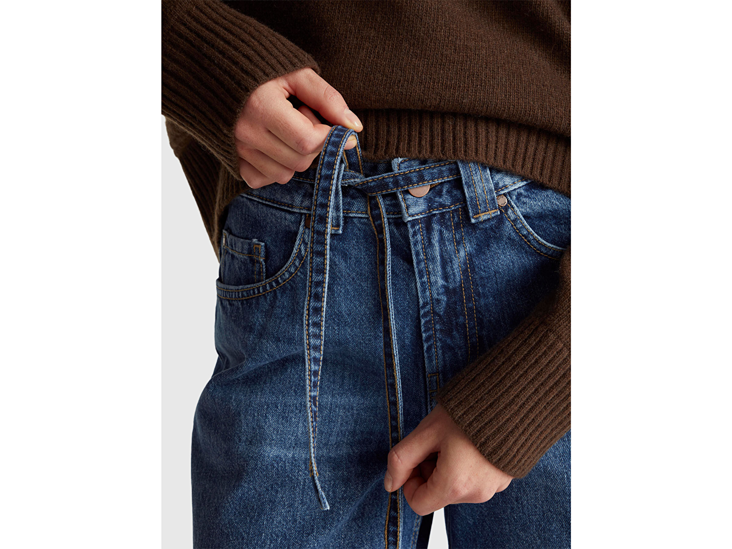 Benetton Kadın Koyu Mavi %100 Pamuk Bağcık Detaylı Denim Pantolon