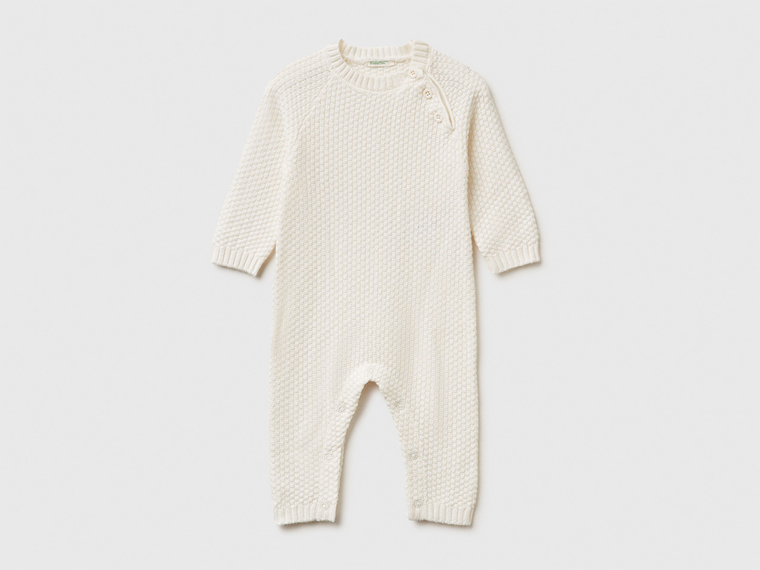 Benetton Bebek Ekru Omzu Düğmeli Bisiklet Yaka Uzun Kollu Örme Tulum