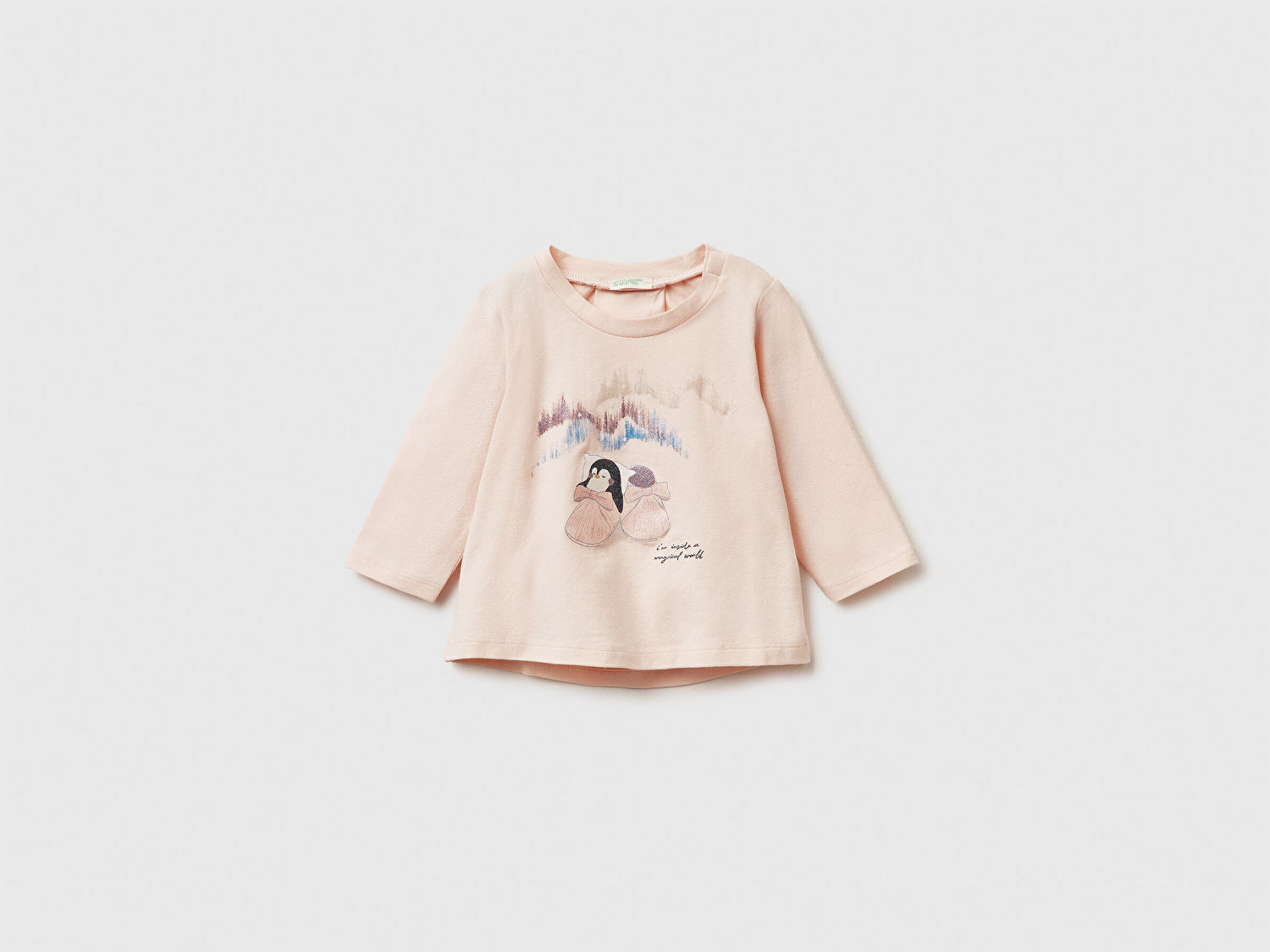 Benetton Bebek Toz Pembe Önü Baskılı Yıldız Simli Uzun Kollu T-shirt