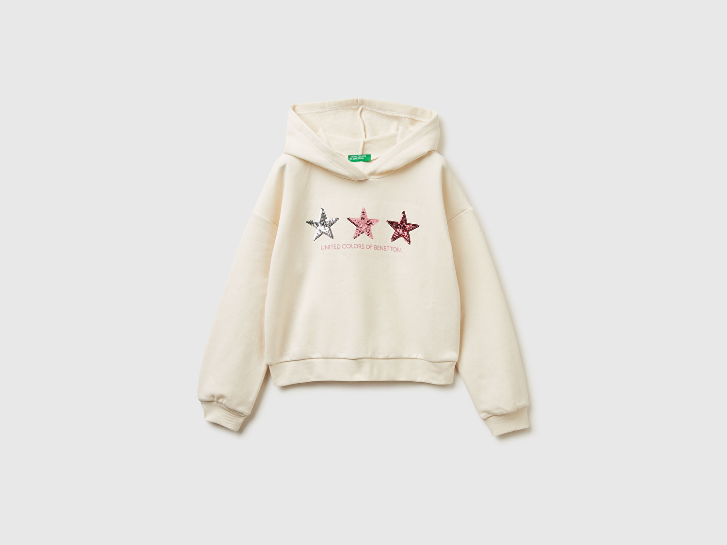 Benetton Kız Çocuk Ekru Payet İşlemeli Nervürlü Regular Fit Kapüşonlu Sweatshirt