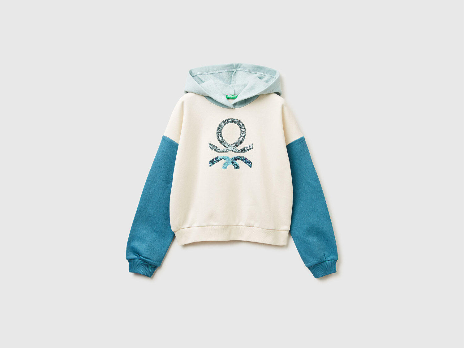 Benetton Kız Çocuk Ekru-Mavi Payet İşlemeli Nervürlü Regular Fit Kapüşonlu Sweatshirt