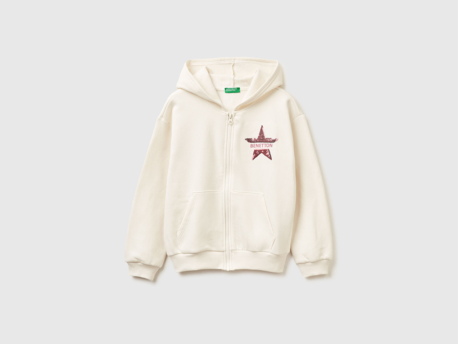 Benetton Kız Çocuk Ekru Önü Payetli Logolu Cepli Kapüşonlu Sweatshirt