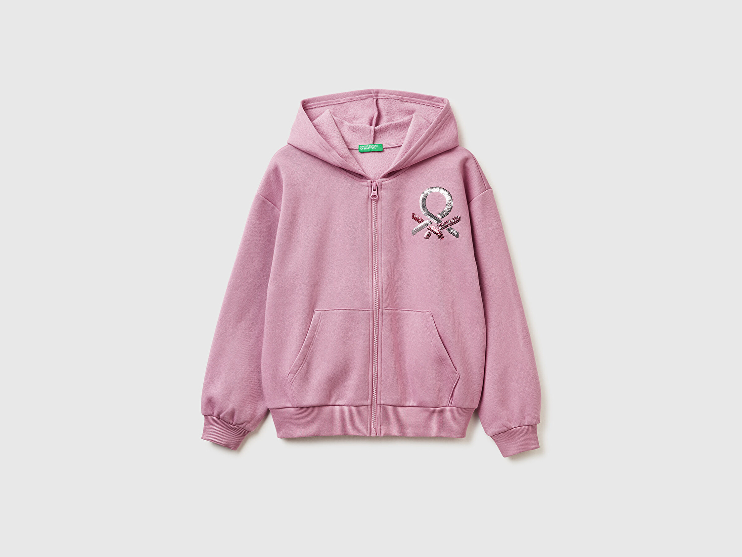 Benetton Kız Çocuk Gül Kurusu Önü Payetli Logolu Cepli Kapüşonlu Sweatshirt