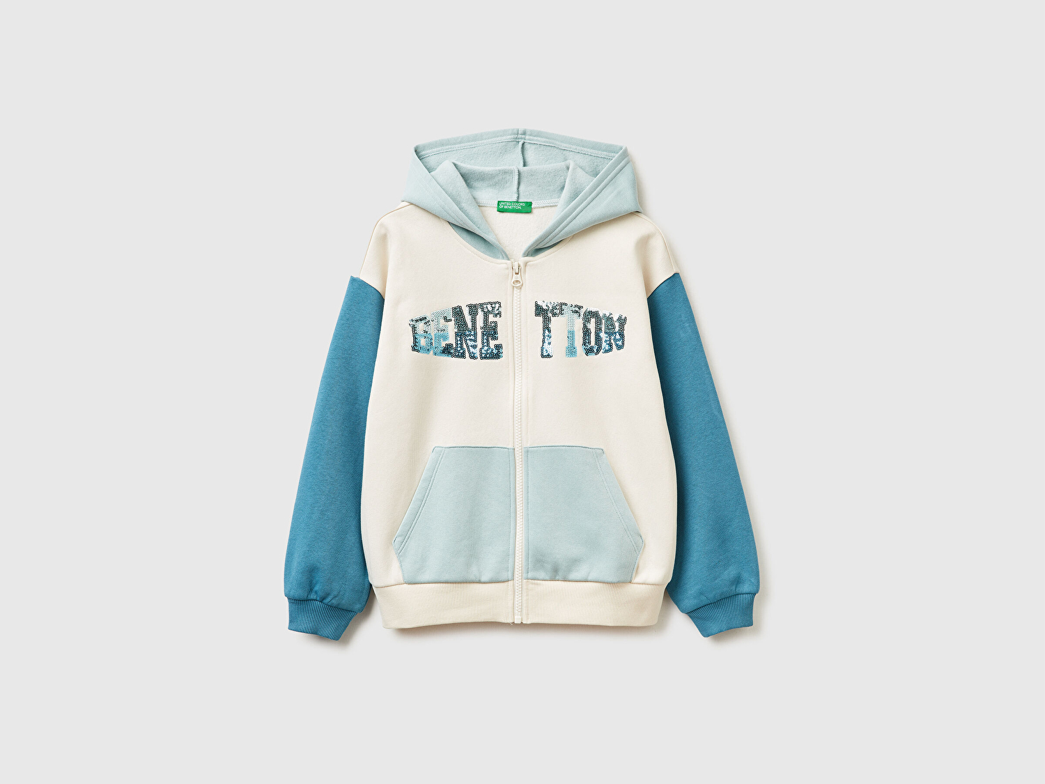 Benetton Kız Çocuk Ekru-Mavi Önü Payetli Logolu Cepli Kapüşonlu Sweatshirt