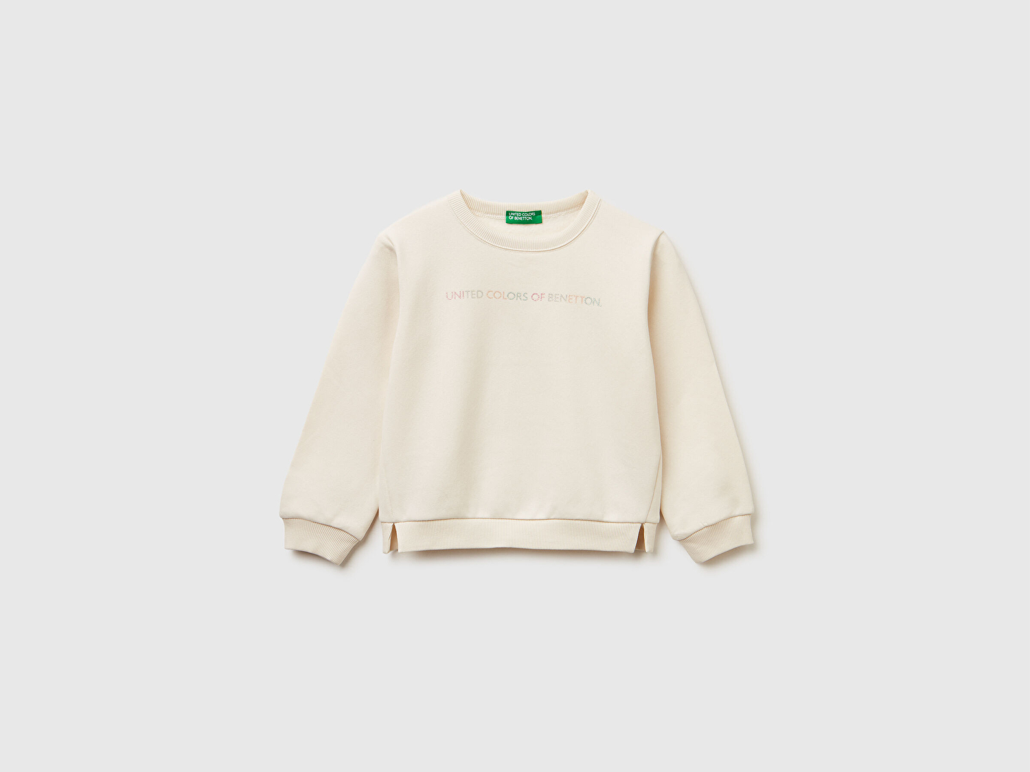 Benetton Kız Bebek Ekru Renk Bloklu Simli Logo Baskılı Yırtmaçlı Sweatshirt 