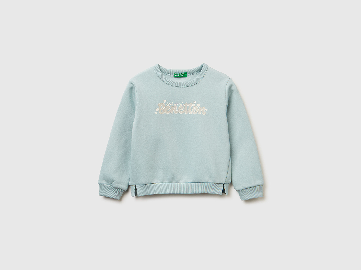 Benetton Kız Bebek Su Yeşili Renk Bloklu Simli Logo Baskılı Yırtmaçlı Sweatshirt 
