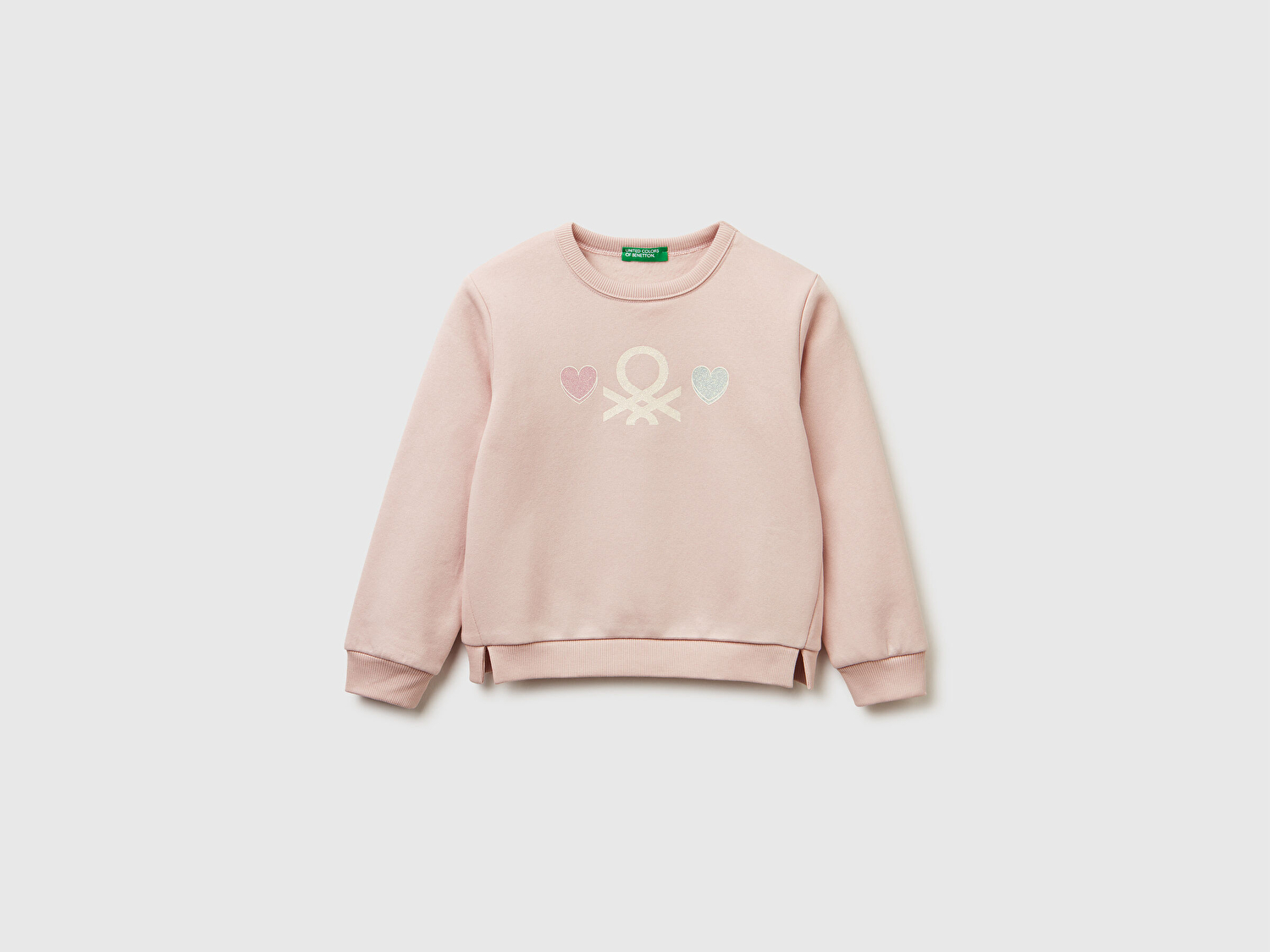 Benetton Kız Bebek Toz Pembe Renk Bloklu Simli Logo Baskılı Yırtmaçlı Sweatshirt 