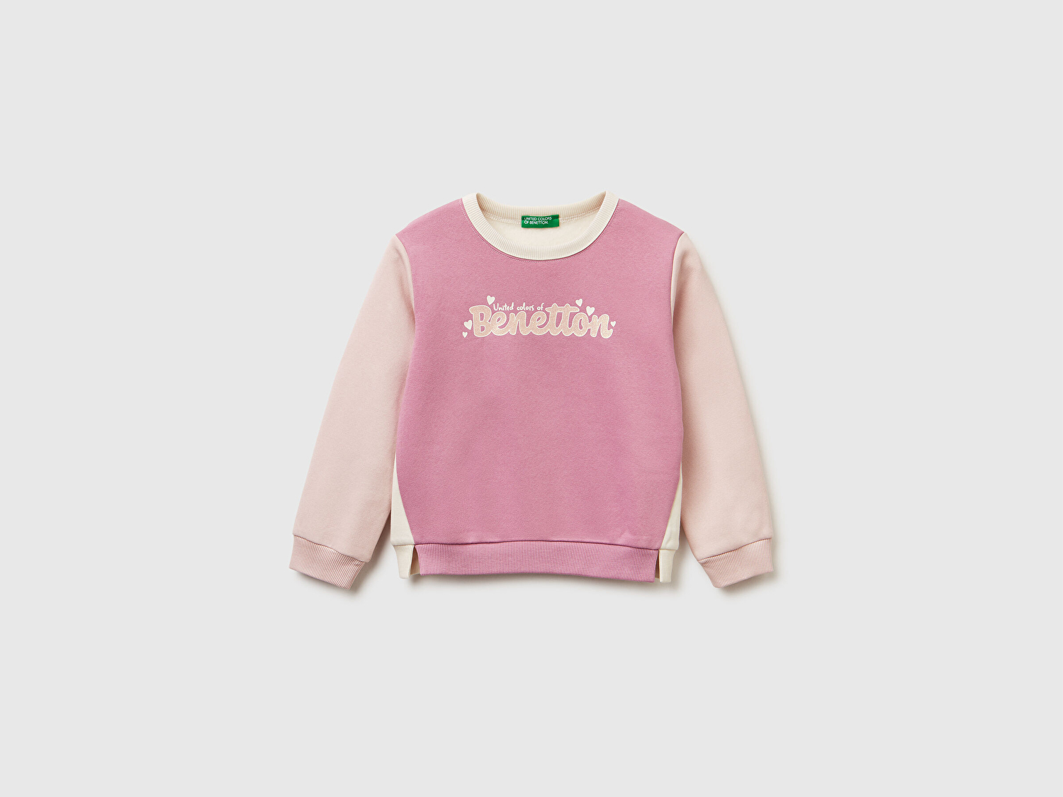 Benetton Kız Bebek Krem-Pembe Renk Bloklu Simli Logo Baskılı Yırtmaçlı Sweatshirt 