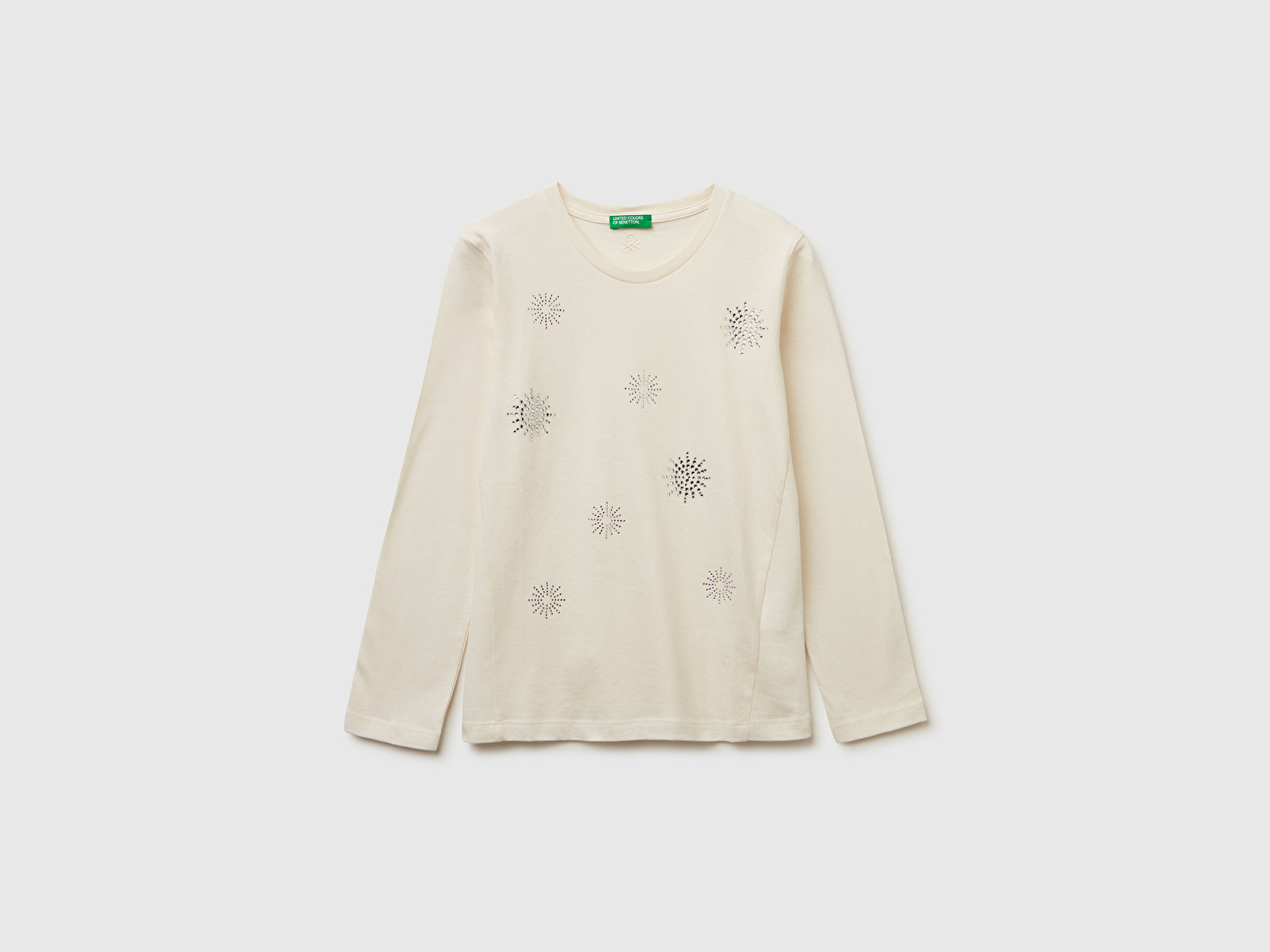Benetton Kız Çocuk Ekru Önü Kristal Aplikeli Regular Fit Uzun Kollu T-shirt